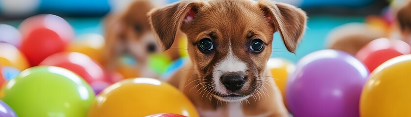 A playful puppy surrounded by colorful balls, showcasing curiosity and joy. This image captures the essence of playfulness, making it perfect for pet-related themes and promotions.