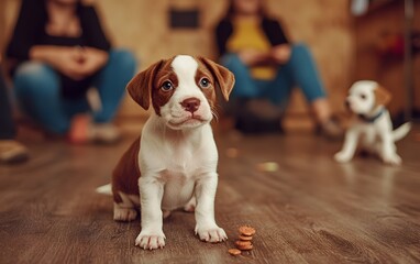 A playful puppy with brown and white fur sits on a wooden floor, looking curiously at the camera. People are seated in the background, creating a warm and inviting atmosphere.