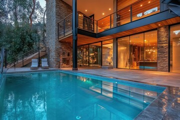 Fototapeta premium Modern luxury home featuring an indoor pool and stunning canyon views in a serene setting, Modern Luxury Home with an Indoor Pool and Canyon Views