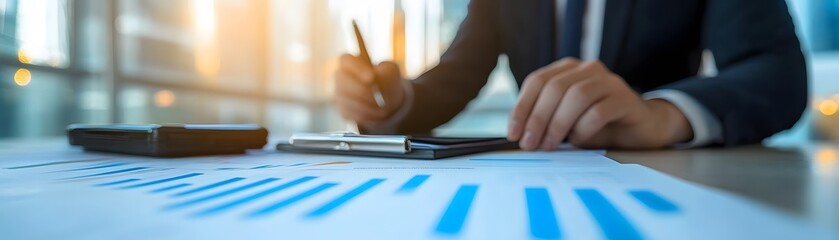 A professional business setting showcasing a focused individual reviewing reports and data on a desk