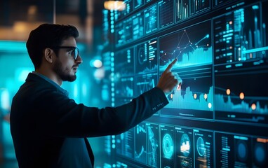 A professional man analyzes data on a futuristic digital screen, highlighting trends and insights in a modern office environment filled with innovative technology.