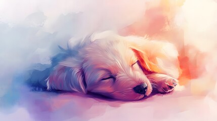 A serene and colorful illustration of a sleeping puppy, showcasing its innocence and tranquility. The soft hues create a dreamlike atmosphere perfect for evoking joy and warmth.
