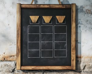 A rustic chalkboard with wooden accents features empty boxes, perfect for displaying information, lists, or menus in cafes and restaurants, blending style and functionality effortl