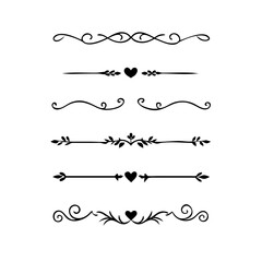 Obraz premium Text dividers with hearts doodle set. Wedding decorative elements. Divider ornament, borders, lines. Hand drawn vector illustration isolated on white background 