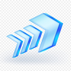 Dynamic blue glass arrow icon forward suitable for indicating speed, direction, growth, or advancement in digital interfaces, presentations, and infographics. 3d vector Illustration.