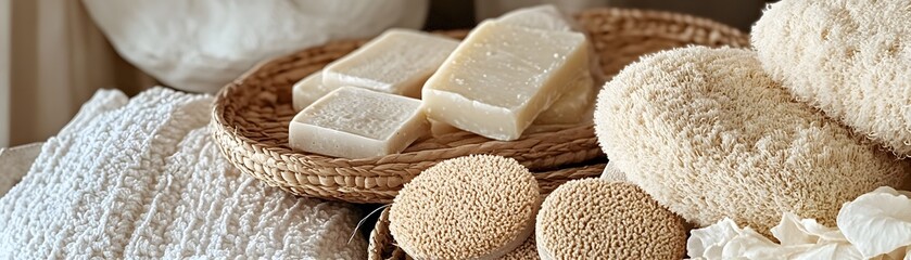 A serene display of natural soaps and sponges arranged artistically on a woven basket. This aesthetic captures the essence of relaxation and self-care in a tranquil setting.