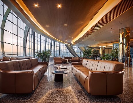 A luxurious airport lounge with plush leather seats, marble flooring, soft ambient lighting, and floor-to-ceiling windows - Powered by Adobe