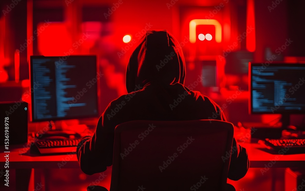 Poster a shadowy figure in a hoodie sits in front of glowing computer screens, immersed in coding. the room