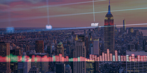 forex chart on cityscape with skyscrapers wallpaper double exposure. financial research concept.