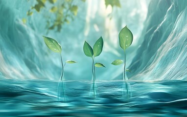 A serene scene of young green shoots emerging from a tranquil body of water, surrounded by soft, ethereal light, symbolizing growth and renewal in nature.