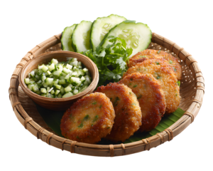 Crispy Thai fish cakes with cucumber relish and herbs served in traditional bamboo tray isolated on transparent background