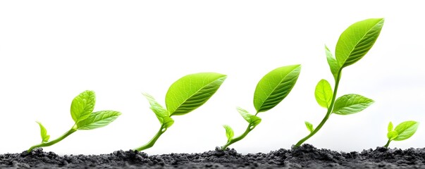 A series of green seedlings emerging from dark soil, showcasing growth and renewal. The vibrant leaves symbolize the beauty of nature and the importance of nurturing new life.