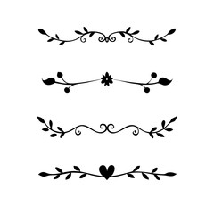 Text dividers with hearts doodle set. Wedding decorative elements. Divider ornament, borders, lines. Hand drawn vector illustration isolated on white background
