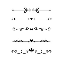 Fototapeta premium Text dividers with hearts doodle set. Wedding decorative elements. Divider ornament, borders, lines. Hand drawn vector illustration isolated on white background 