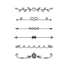 Obraz premium Text dividers with hearts doodle set. Wedding decorative elements. Divider ornament, borders, lines. Hand drawn vector illustration isolated on white background 