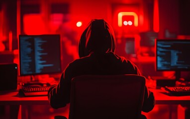 A shadowy figure in a hoodie sits in front of glowing computer screens, immersed in coding. The room is illuminated with red light, creating a mysterious and intense atmosphere.