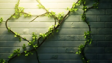 A serene wall covered with vibrant green vines intertwining gracefully, highlighting the contrast between nature and a modern backdrop, creating a peaceful ambiance.