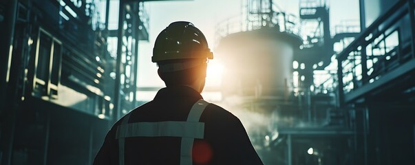 A silhouette of a worker in a hard hat overlooking an industrial site at sunrise