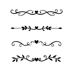 Obraz premium Text dividers with hearts doodle set. Wedding decorative elements. Divider ornament, borders, lines. Hand drawn vector illustration isolated on white background 