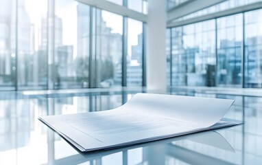 A sleek, modern workspace featuring a stack of open documents on a reflective table, surrounded by large glass windows showcasing an urban skyline, perfect for corporate imagery.