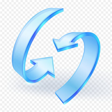 Two blue glass arrows forming a continuous loop 3d icon , symbolizing recycling, refresh, update, or circular processes. Isolated on  transparent background. Vector illustration.