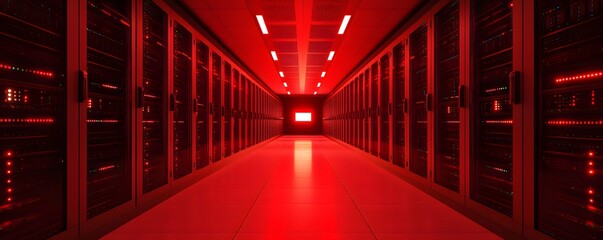 A striking view of a modern data center illuminated by red lights, showcasing rows of powerful servers