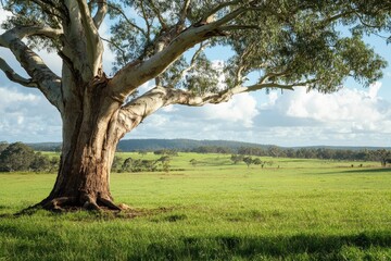 Fototapeta premium Old eucalyptus tree stands majestically in a lush green field in rural Australia under a bright sky, Old eucalyptus tree on greenfield in rural Australia