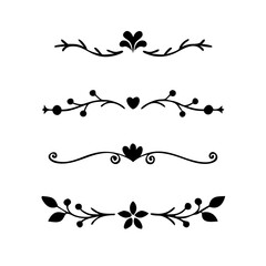 Text dividers with hearts doodle set. Wedding decorative elements. Divider ornament, borders, lines. Hand drawn vector illustration isolated on white background
