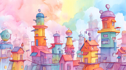 watercolor Children's Futuristic city Cartoon