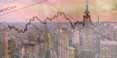 forex chart on cityscape with skyscrapers wallpaper double exposure. financial research concept.