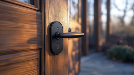 Black digital door lock installed on wooden door, smart home access system, keyless electronic security, modern apartment entrance, advanced protection technology.

