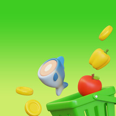 Shopping basket with food and money