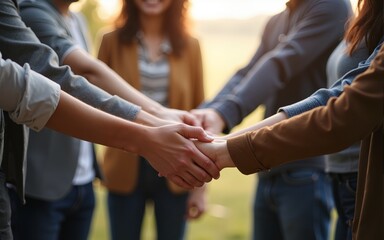 Diverse group of people joining hands in unity. High quality