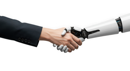 Human and robot hands shaking in agreement on a transparent isolated background
