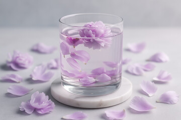 Refreshing glass of water infused with delicate pink cherry blossom petals on marble coaster, surrounded by scattered petals