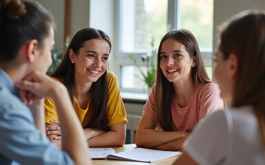 Teenage girls are participating in a support group meeting at school, sharing their experiences and providing mutual support. Image with copy space. High quality