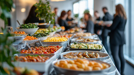 Buffet table with a variety of foods at an office event, employees enjoying business lunch or party, catering setup, lively atmosphere, blurred background for context