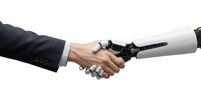 Handshake between a human in a suit and a white robotic arm on transparent background