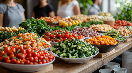 Buffet table with a variety of foods at an office event, employees enjoying business lunch or party, catering setup, lively atmosphere, blurred background for context

