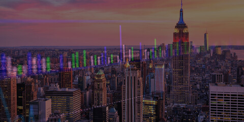 forex chart on cityscape with skyscrapers wallpaper double exposure. financial research concept.