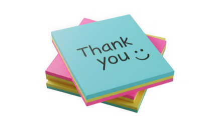 Stack of colorful sticky notes with thank you message on a transparent background