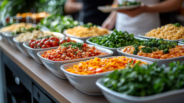 Buffet table with a variety of foods at an office event, employees enjoying business lunch or party, catering setup, lively atmosphere, blurred background for context

