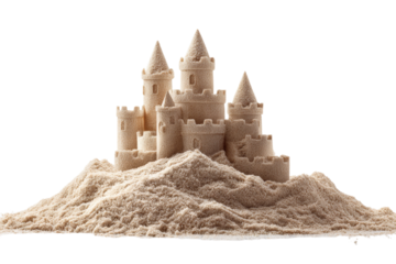 A sand castle is built on a mound of sand