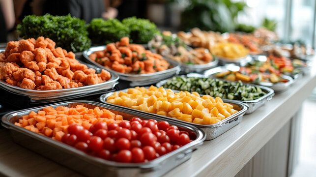 Buffet table with a variety of foods at an office event, employees enjoying business lunch or party, catering setup, lively atmosphere, blurred background for context

 - Powered by Adobe