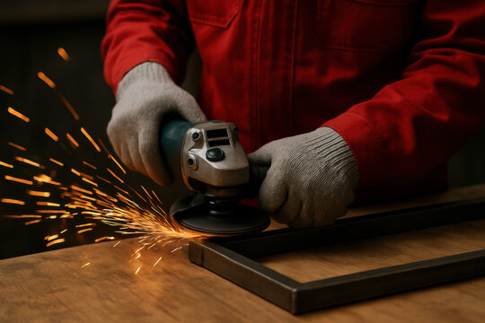 Worker in protective gloves using angle grinder on metal frame, creating bright sparks during industrial metalworking process