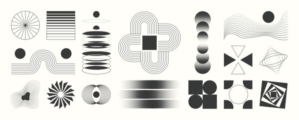 Fototapeta na wymiar Abstract minimal element mid century vector set. Aesthetic contemporary stripe line art, geometric shape in monochrome. Art form design for wall art, decoration, wallpaper. 
