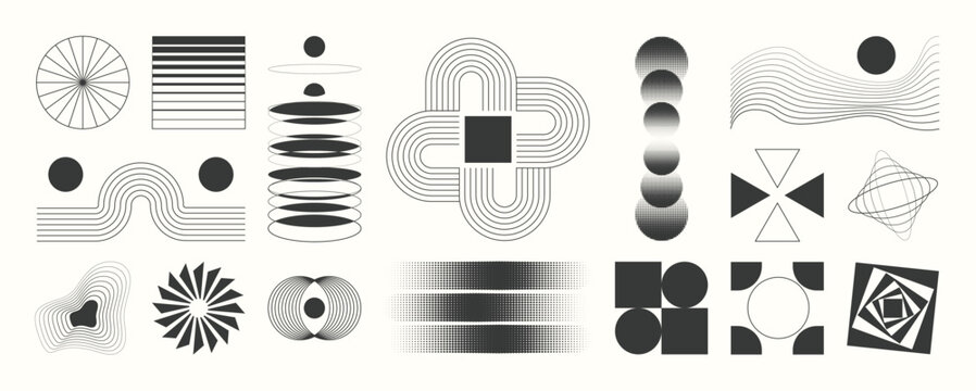 Naklejki Abstract minimal element mid century vector set. Aesthetic contemporary stripe line art, geometric shape in monochrome. Art form design for wall art, decoration, wallpaper. 