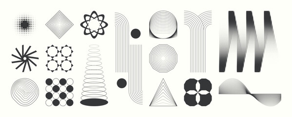 Naklejka na ściany i meble Abstract minimal element mid century vector set. Aesthetic contemporary stripe line art, geometric shape in monochrome. Art form design for wall art, decoration, wallpaper. 