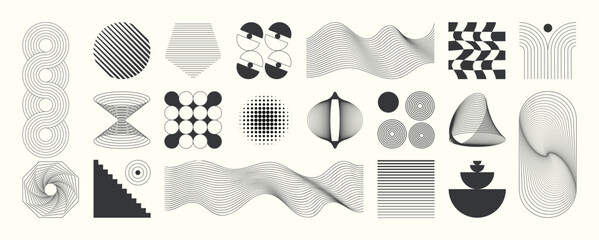Naklejka na ściany i meble Abstract minimal element mid century vector set. Aesthetic contemporary stripe line art, geometric shape in monochrome. Art form design for wall art, decoration, wallpaper. 