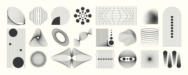 Naklejka na ściany i meble Abstract minimal element mid century vector set. Aesthetic contemporary stripe line art, geometric shape in monochrome. Art form design for wall art, decoration, wallpaper. 